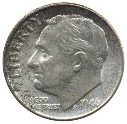 США 1 дайм (10 центов) 1946 год - Франклин Рузвельт (без отметки МД)