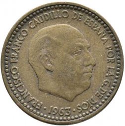 Испания 1 песета 1963 год - Франсиско Франко (66 внутри звезды)