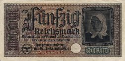 Немецкие оккупационные территрории 50 рейхсмарок 1940 - 1945 год - Портрет крестьянки. Замок Мариенбург