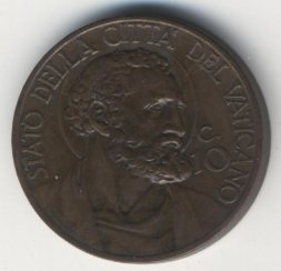 Ватикан 10 чентезимо 1934 год Папа Пий XI