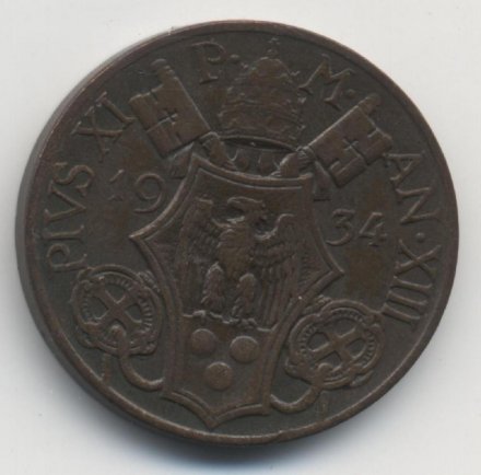 Ватикан 10 чентезимо 1934 год Папа Пий XI