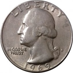 США 25 центов (1/4 доллара) 1969 год - Джордж Вашингтон (D)