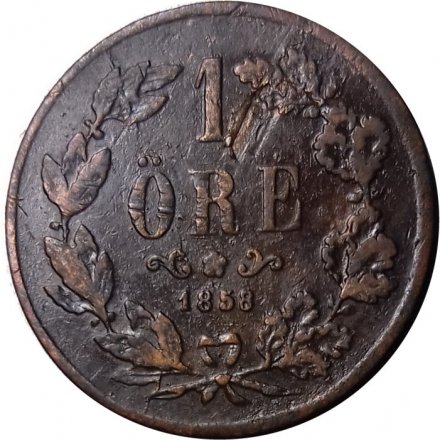 Швеция 1 эре 1858 год - Оскар I (буквы L.A. под бюстом)