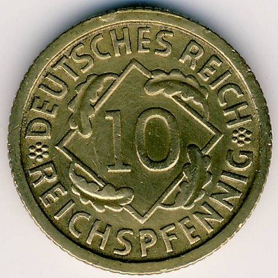 Веймарская республика 10 рейхспфеннигов 1930 год (D)