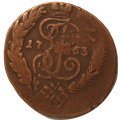 2 копейки 1763 год СПМ (гурт сетчатый) Екатерина II (1762 - 1796) - перечекан F+