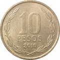 Чили 10 песо 2010 год (без метки &quot;R.Thenot&quot; на аверсе)