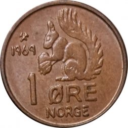 Норвегия 1 эре 1969 год - Король Улаф V. Белка