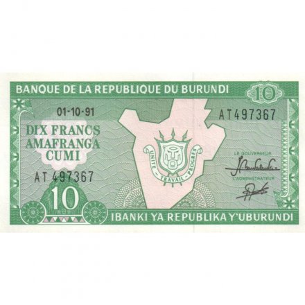 Бурунди 10 франков 1991 год - Контурная карта с гербом UNC