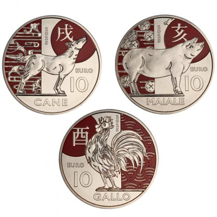 Набор из 3 монет Сан-Марино 10 евро 2025 год - Китайский гороскоп - Год Собаки, Свиньи, Петуха