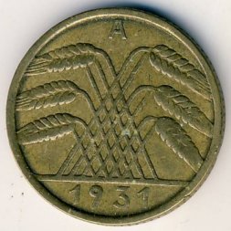 Веймарская республика 10 рейхспфеннигов 1931 год (A)