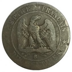 Франция 10 сантимов 1856 год - Отметка монетного двора: "B" - Руан