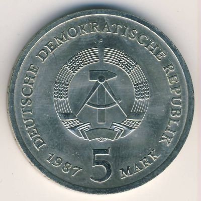 ГДР 5 марок 1987 год - 750 лет Берлину. Красная Ратуша