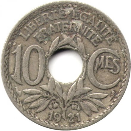 Франция 10 сантимов 1921 год (отверстие в центре)