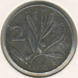 Италия 2 лиры 1956 год
