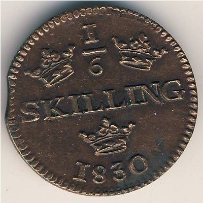 Швеция 1/6 скиллинга 1830 год