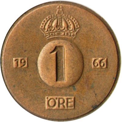 Швеция 1 эре 1966 год - Король Густав VI Адольф