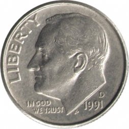 США 1 дайм (10 центов) 1991 год - Франклин Рузвельт (D)