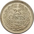 Нидерланды 25 центов 1943 год (портрет на аверсе, серебро)