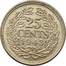 Нидерланды 25 центов 1943 год (портрет на аверсе, серебро)