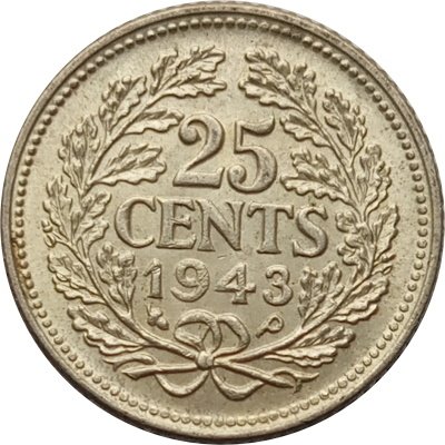 Нидерланды 25 центов 1943 год (портрет на аверсе, серебро)
