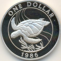 Бермудские острова 1 доллар 1986 год - Морская зелёная черепаха (Proof, серебро)