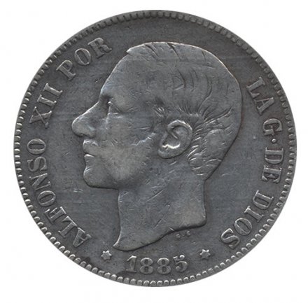 Испания 5 песет 1885 год (M SM, 18 и 87 внутри звезд)