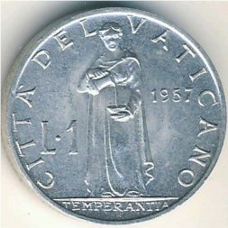 Ватикан 1 лира 1957 год Папа Пий XII