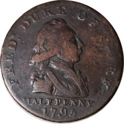 Великобритания 1/2 пенни 1795 год - Фредерик, герцог Йоркский (Надпись на гурте: "PAYABLE IN LANCASTER, LONDON OR BRISTOL")