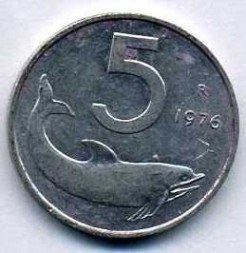 Италия 5 лир 1976 год Дельфин