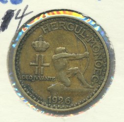 Монета Монако 1 франк 1926 год - Геркулес с луком